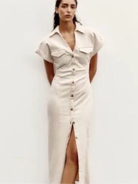 Zara Ecru Denim Button-Front Midi Shirt Dress NWT L